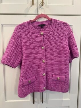 Ann Taylor Pink Short-Sleeve Textured Knit Cardigan with Gold Buttons